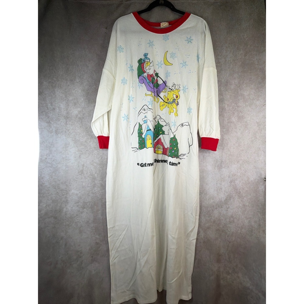 VTG 80s Stardust Nightgown Women OS Cream Red Christmas Santa Nightshirt USA